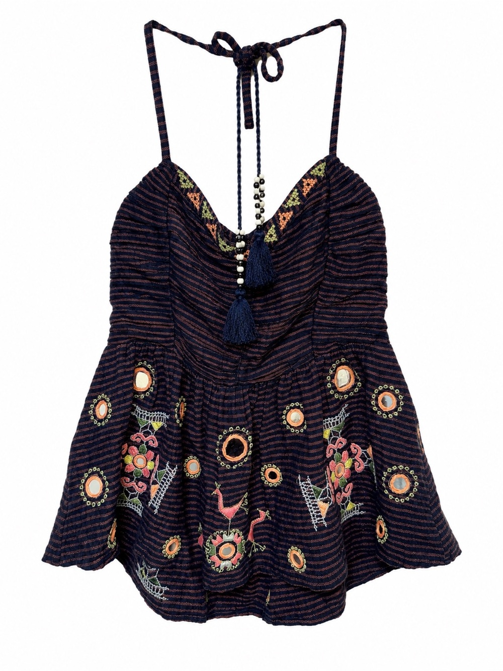 Free People Striped Embroidered Mirror Tassel Halter Boho Peasant Babydoll XS